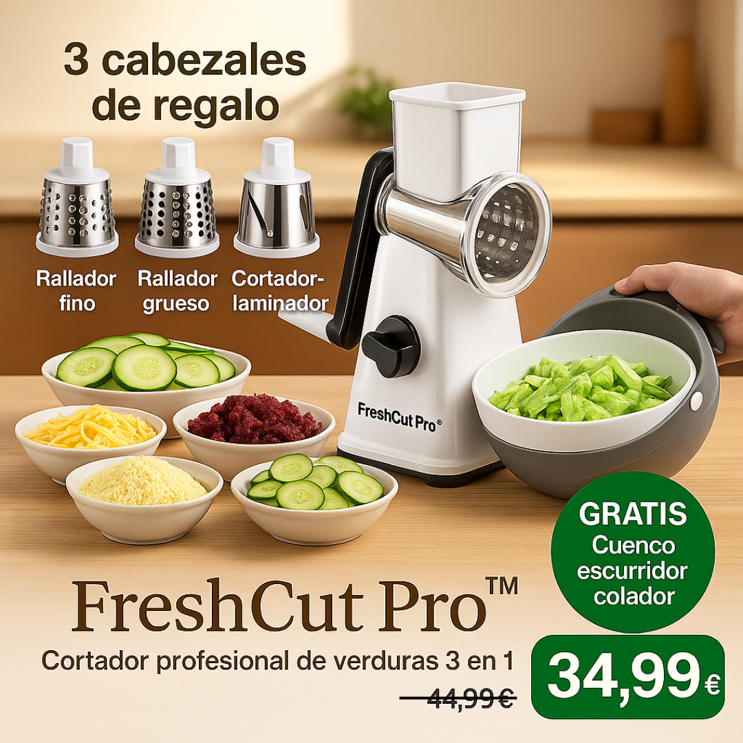 FreshCut Pro™️ - Cortador profesional de verduras + 3 cabezales ¡DE REGALO! + Cuenco Escurridor Colador ¡GRATIS!